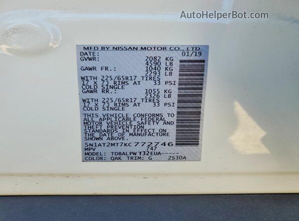 5N1AT2MT7KC772746 2019 NISSAN ROGUE White Vista del compartimento del motor