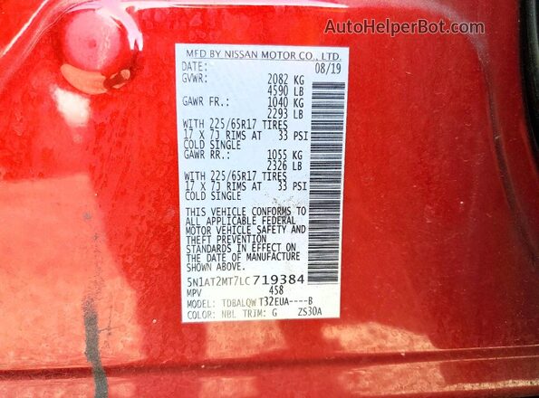 5N1AT2MT7LC719384 2020 NISSAN ROGUE Burgundy Widok naklejki z numerem VIN