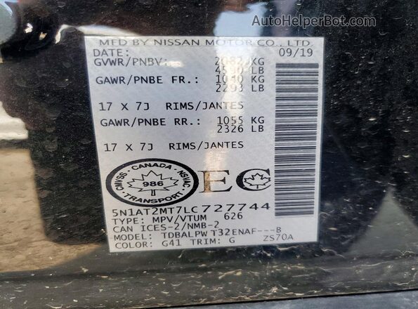 5N1AT2MT7LC727744 2020 NISSAN ROGUE Black VIN კოდის სტიკერის ხედი