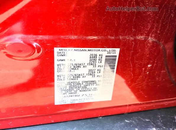 5N1AT2MT8GC753663 2016 NISSAN ROGUE Красный Вид наклейки с VIN-кодом