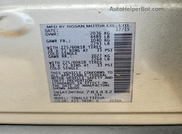 5N1AT2MT8GC781432 2016 NISSAN ROGUE Silver VIN կոդի պիտակի տեսք