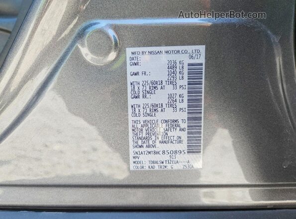 5N1AT2MT8HC850895 2017 NISSAN ROGUE Gray Widok naklejki z numerem VIN