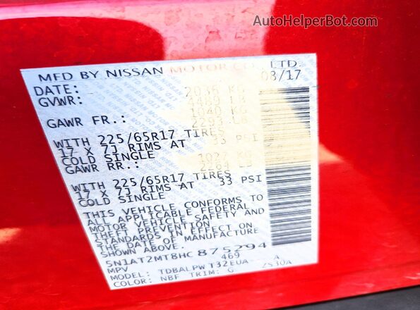 5N1AT2MT8HC875294 2017 NISSAN ROGUE Red Vista de la etiqueta del VIN