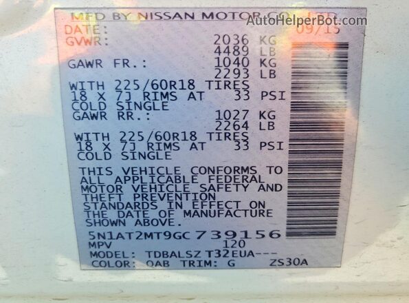 5N1AT2MT9GC739156 2016 NISSAN ROGUE White Widok wnętrza 360 stopni