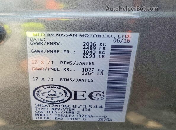 5N1AT2MT9GC871544 2016 NISSAN ROGUE Gray VIN კოდის სტიკერის ხედი