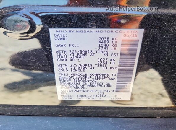 5N1AT2MT9GC873763 2016 NISSAN ROGUE Black Вид наклейки з VIN-кодом