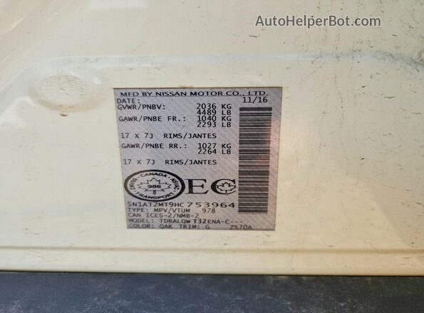 5N1AT2MT9HC753964 2017 NISSAN ROGUE Белый Вид наклейки с VIN-кодом
