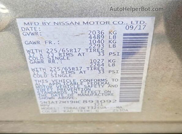 5N1AT2MT9HC893092 2017 NISSAN ROGUE Charcoal VIN კოდის სტიკერის ხედი