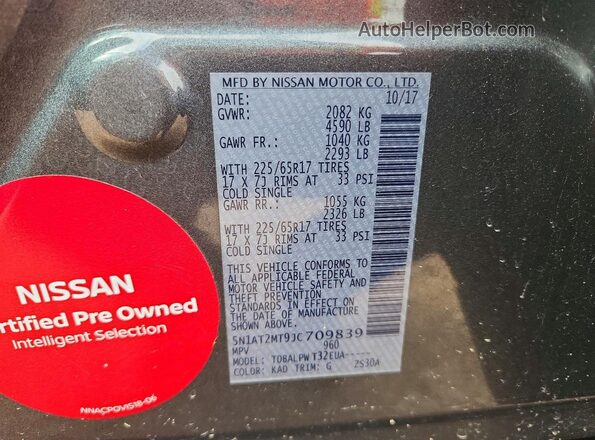 5N1AT2MT9JC709839 2018 NISSAN ROGUE Gray Vista de la etiqueta del VIN