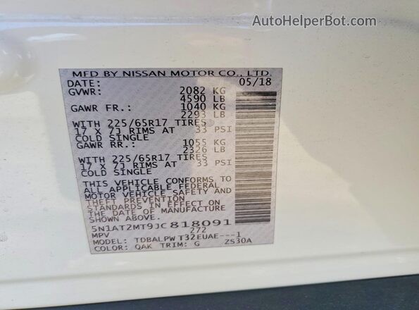 5N1AT2MT9JC818091 2018 NISSAN ROGUE White VIN sticker view