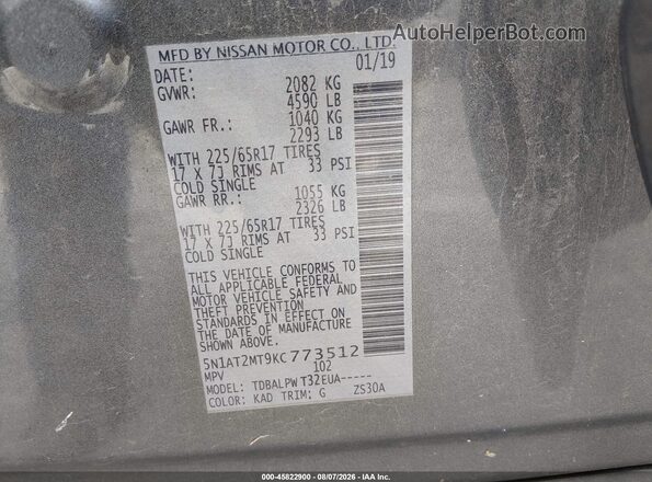 5N1AT2MT9KC773512 2019 NISSAN ROGUE Gray Շարժիչի բաժամունքի տեսք