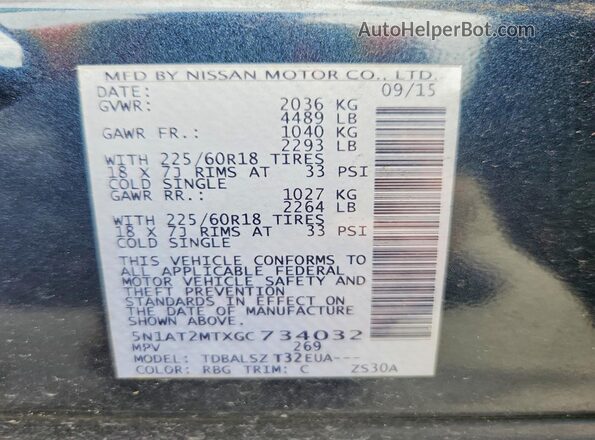5N1AT2MTXGC734032 2016 NISSAN ROGUE Blue Widok naklejki z numerem VIN