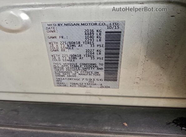 5N1AT2MTXGC759156 2016 NISSAN ROGUE Silver Вид наклейки з VIN-кодом