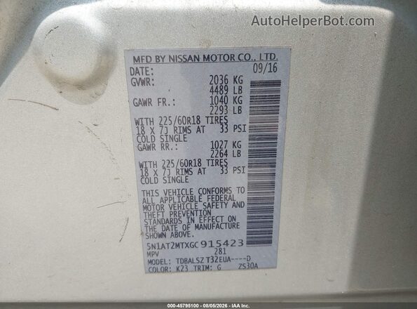 5N1AT2MTXGC915423 2016 NISSAN ROGUE Silver Widok komory silnika