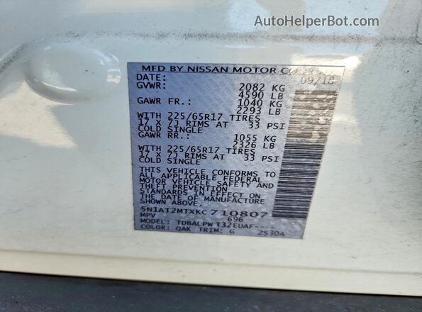 5N1AT2MTXKC710807 2019 NISSAN ROGUE White სალონის 360-გრადუსიანი ხედი