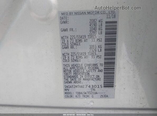 5N1AT2MTXKC743015 2019 NISSAN ROGUE Silver Widok komory silnika