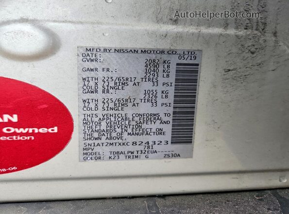 5N1AT2MTXKC824323 2019 NISSAN ROGUE Silver VIN կոդի պիտակի տեսք