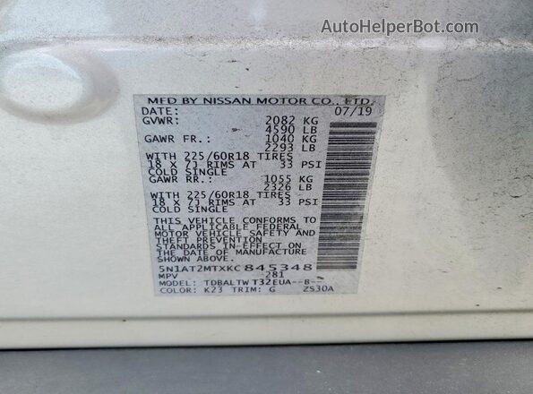 5N1AT2MTXKC845348 2019 NISSAN ROGUE Silver Widok naklejki z numerem VIN