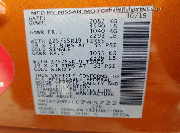 5N1AT2MTXLC745722 2020 NISSAN ROGUE Orange VIN კოდის სტიკერის ხედი