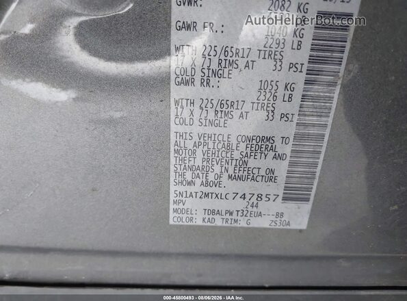 5N1AT2MTXLC747857 2020 NISSAN ROGUE Gray Engine compartment view