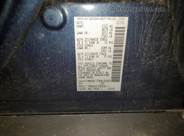 5N1AT2MV0GC786500 2016 NISSAN ROGUE Blue Панорамний вид салону 360°