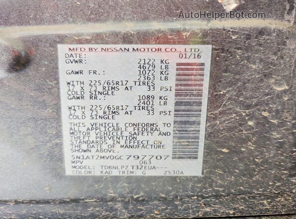 5N1AT2MV0GC797707 2016 NISSAN ROGUE Gray Widok naklejki z numerem VIN