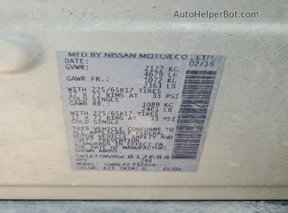 5N1AT2MV0GC812688 2016 NISSAN ROGUE Silver VIN կոդի պիտակի տեսք