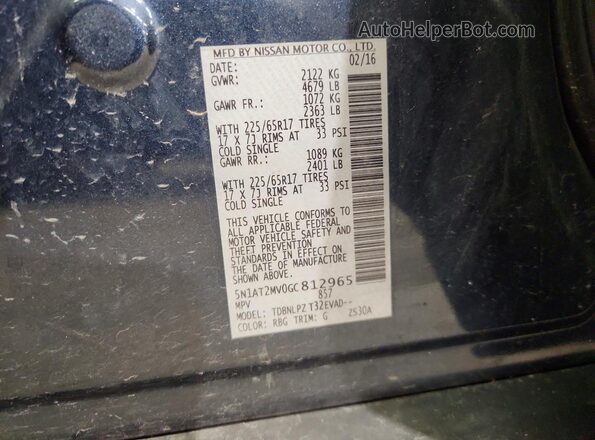 5N1AT2MV0GC812965 2016 NISSAN ROGUE Gray Vista de la etiqueta del VIN