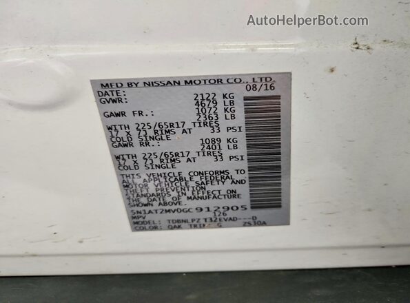5N1AT2MV0GC912905 2016 NISSAN ROGUE Белый Вид наклейки с VIN-кодом