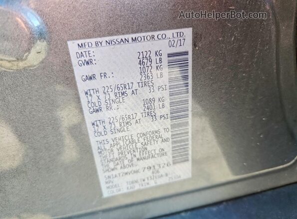 5N1AT2MV0HC791326 2017 NISSAN ROGUE Серый Вид наклейки с VIN-кодом