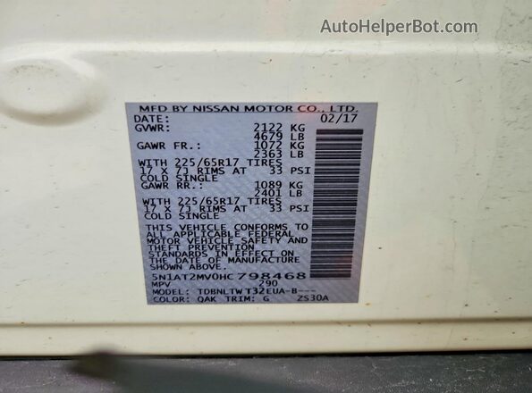 5N1AT2MV0HC798468 2017 NISSAN ROGUE Белый Вид наклейки с VIN-кодом