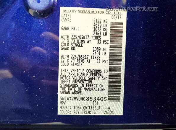 5N1AT2MV0HC853405 2017 NISSAN ROGUE Blue VIN կոդի պիտակի տեսք