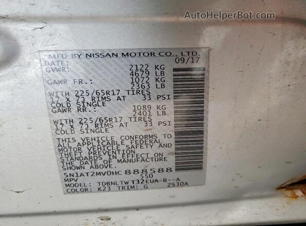 5N1AT2MV0HC888588 2017 NISSAN ROGUE Silver VIN կոդի պիտակի տեսք