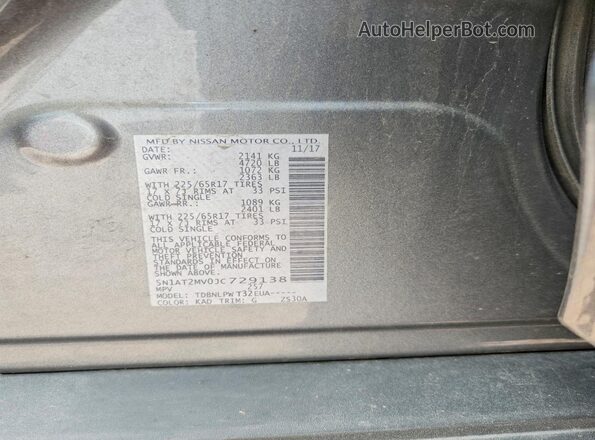 5N1AT2MV0JC729138 2018 NISSAN ROGUE Gray VIN կոդի պիտակի տեսք