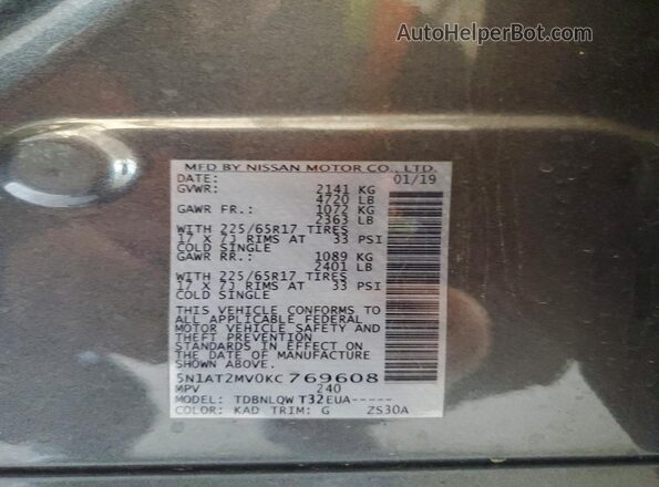 5N1AT2MV0KC769608 2019 NISSAN ROGUE Gray Вид наклейки з VIN-кодом