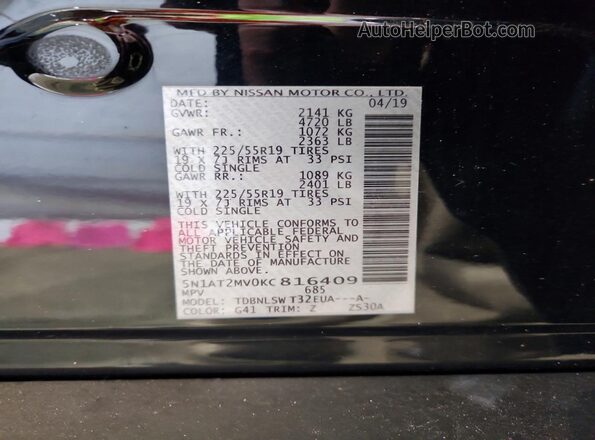 5N1AT2MV0KC816409 2019 NISSAN ROGUE Black VIN sticker view