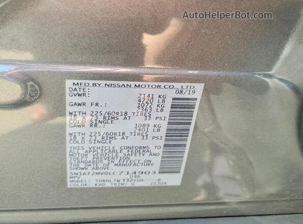 5N1AT2MV0LC714903 2020 NISSAN ROGUE Gray VIN կոդի պիտակի տեսք