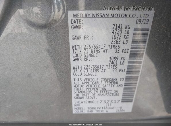 5N1AT2MV0LC737517 2020 NISSAN ROGUE Gray Вид підкапотного простору