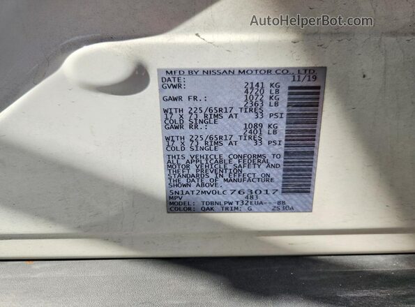 5N1AT2MV0LC763017 2020 NISSAN ROGUE White Widok wnętrza 360 stopni