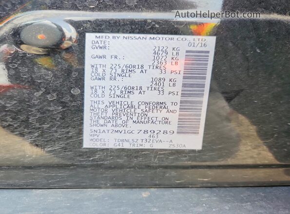 5N1AT2MV1GC789289 2016 NISSAN ROGUE Черный Вид наклейки с VIN-кодом