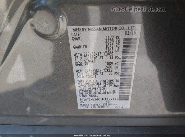 5N1AT2MV1GC801618 2016 NISSAN ROGUE Gray Շարժիչի բաժամունքի տեսք
