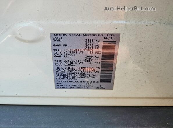 5N1AT2MV1GC868283 2016 NISSAN ROGUE White ძრავის განყოფილების ხედი