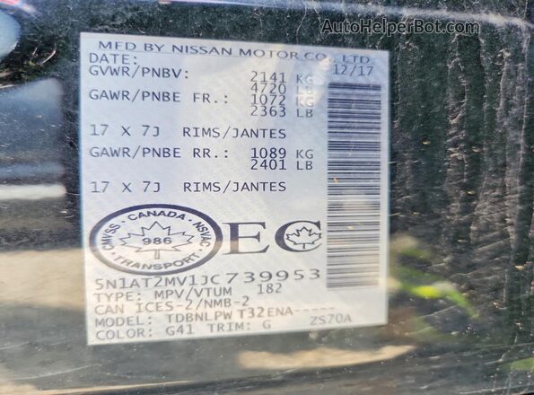 5N1AT2MV1JC739953 2018 NISSAN ROGUE Black VIN კოდის სტიკერის ხედი