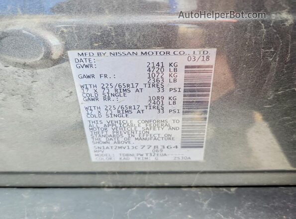 5N1AT2MV1JC778364 2018 NISSAN ROGUE Gray VIN կոդի պիտակի տեսք
