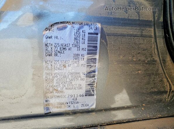 5N1AT2MV1JC791146 2018 NISSAN ROGUE Gray Widok naklejki z numerem VIN