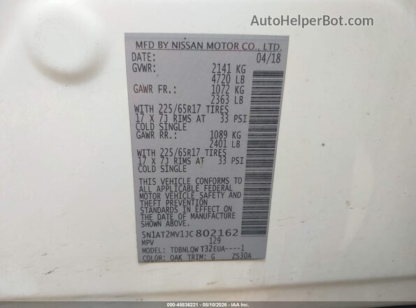 5N1AT2MV1JC802162 2018 NISSAN ROGUE White Widok komory silnika