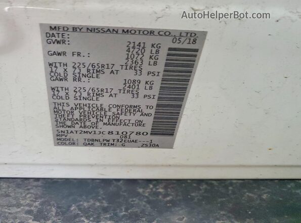 5N1AT2MV1JC810780 2018 NISSAN ROGUE White Widok naklejki z numerem VIN