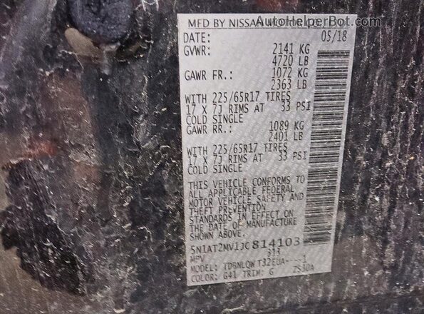 5N1AT2MV1JC814103 2018 NISSAN ROGUE Черный Вид наклейки с VIN-кодом