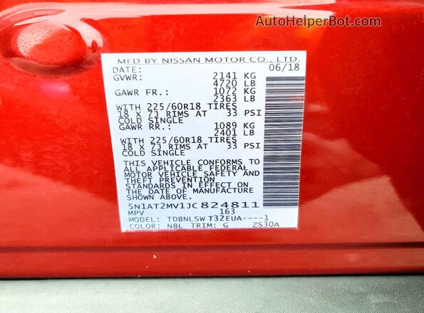 5N1AT2MV1JC824811 2018 NISSAN ROGUE Red Vista de la etiqueta del VIN