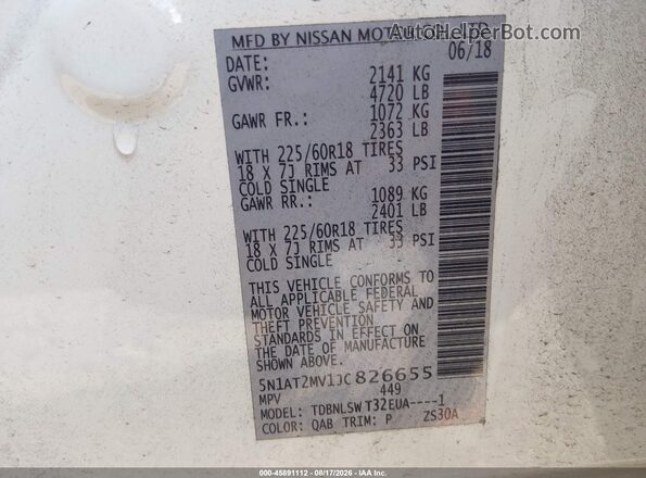 5N1AT2MV1JC826655 2018 NISSAN ROGUE White Շարժիչի բաժամունքի տեսք